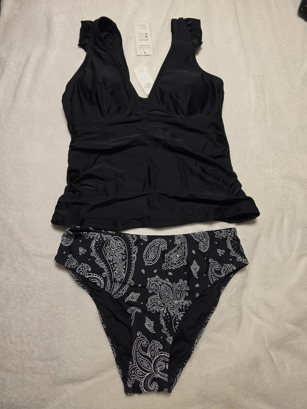 Cupshe Black Tankini Top with Paisley High-Waist Bikini Bottom - Black